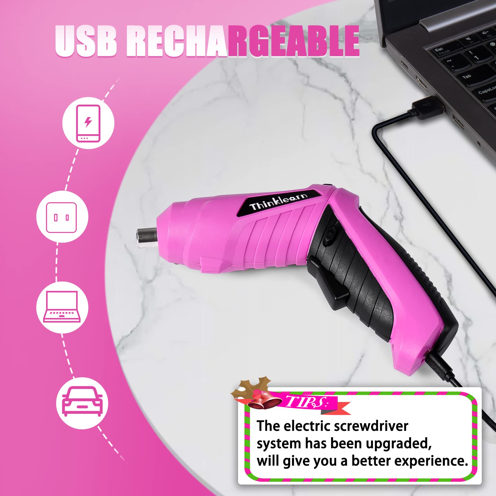 Pink 205-Piece Home Tool Set With 3.6V Electric Screwdriver, Universal Sockets, Storage Bag - Kit for Women, Gift, Home Repair, Dorm