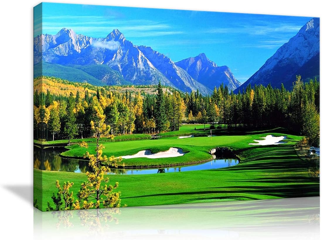 AMEMNY HD Printed Golf Course Landscape Painting On Canvas Green Lake Green Hills Contemporary Wall Art Giclee Frame Landscape Art icture Living Room Photo Decor (36''Wx24''H)