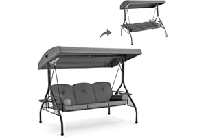 GYUTEI 3-Seat Outdoor Patio Swing with 1.5" Deep Cup Holder,Porch Swing with Adjustable Backrest and Canopy,Outdoor Porch Glider Swing,w/Cushions,Pillows for Backyard(Grey)