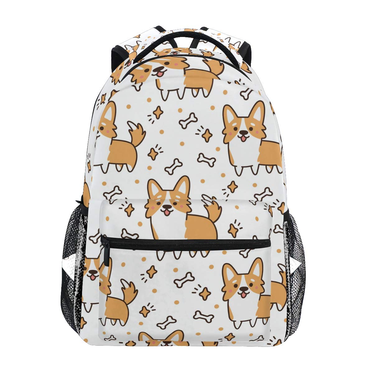 QMIN Backpack Corgi Dog Animal Bones Pattern School Bookbag Travel College Daypack Laptop Zipper Hiking Camping Shoulder Bag Organizer for Boys Girls Women Men