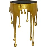 Deco 79 Aluminum Metal Abstract Side Table 16" x 16" x 25", Gold | Accent table, drip end table with melting designed legs and black glass top, unique end table, living room decor