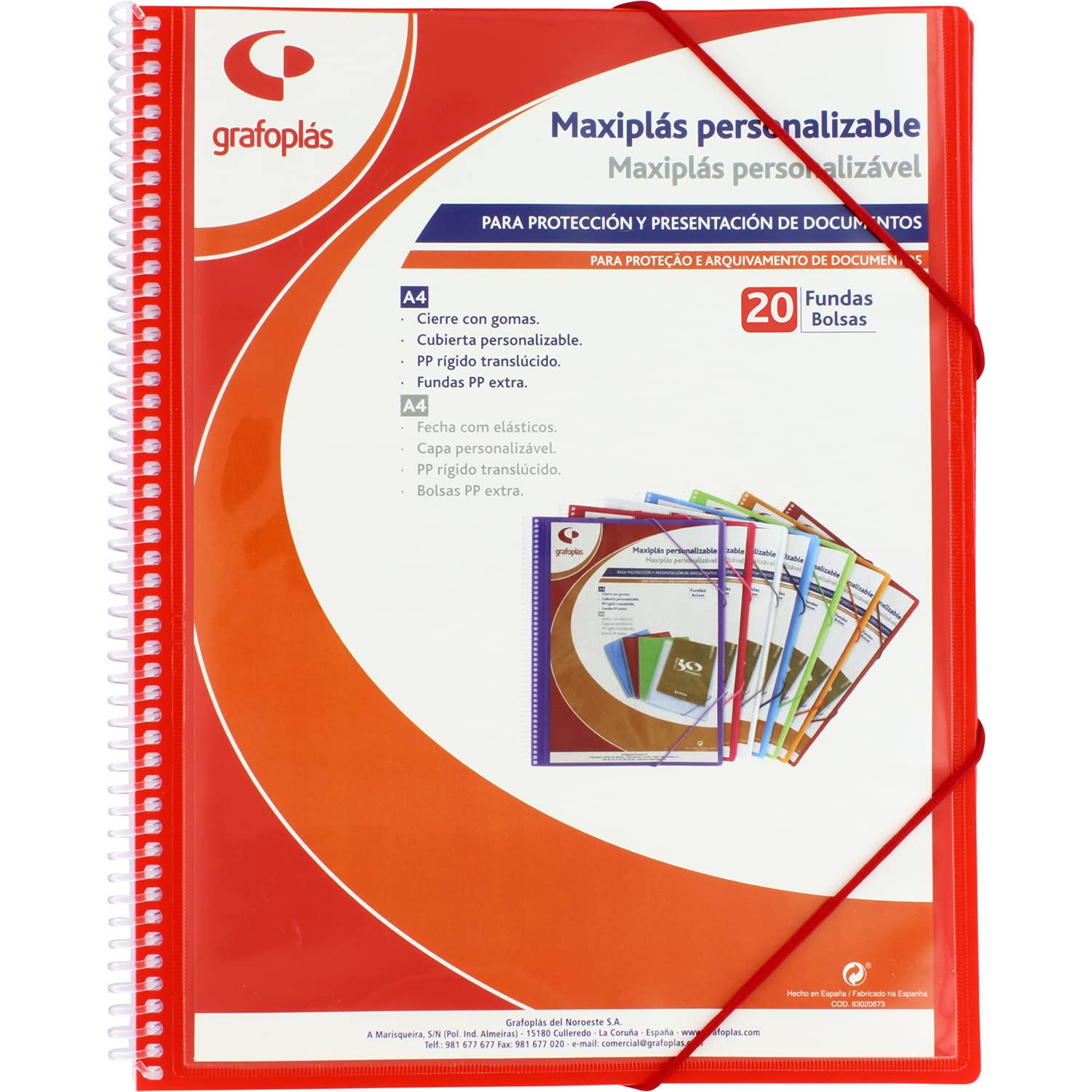 Grafoplás 39842051 Customisable Spiral Binder, 20 Transparent Covers, Red, 30.8 x 24 x 14