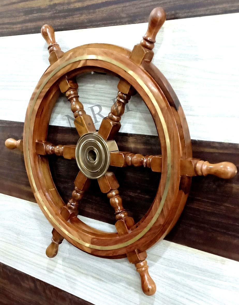 Nautical Captain's Steering Wooden Ship Wheel With Brass Ring & Hub