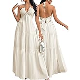 Narecte Women's Maxi Summer Dresses Halter V Neck Beach Dresses for Women A-Line Casual Dress for Vacation