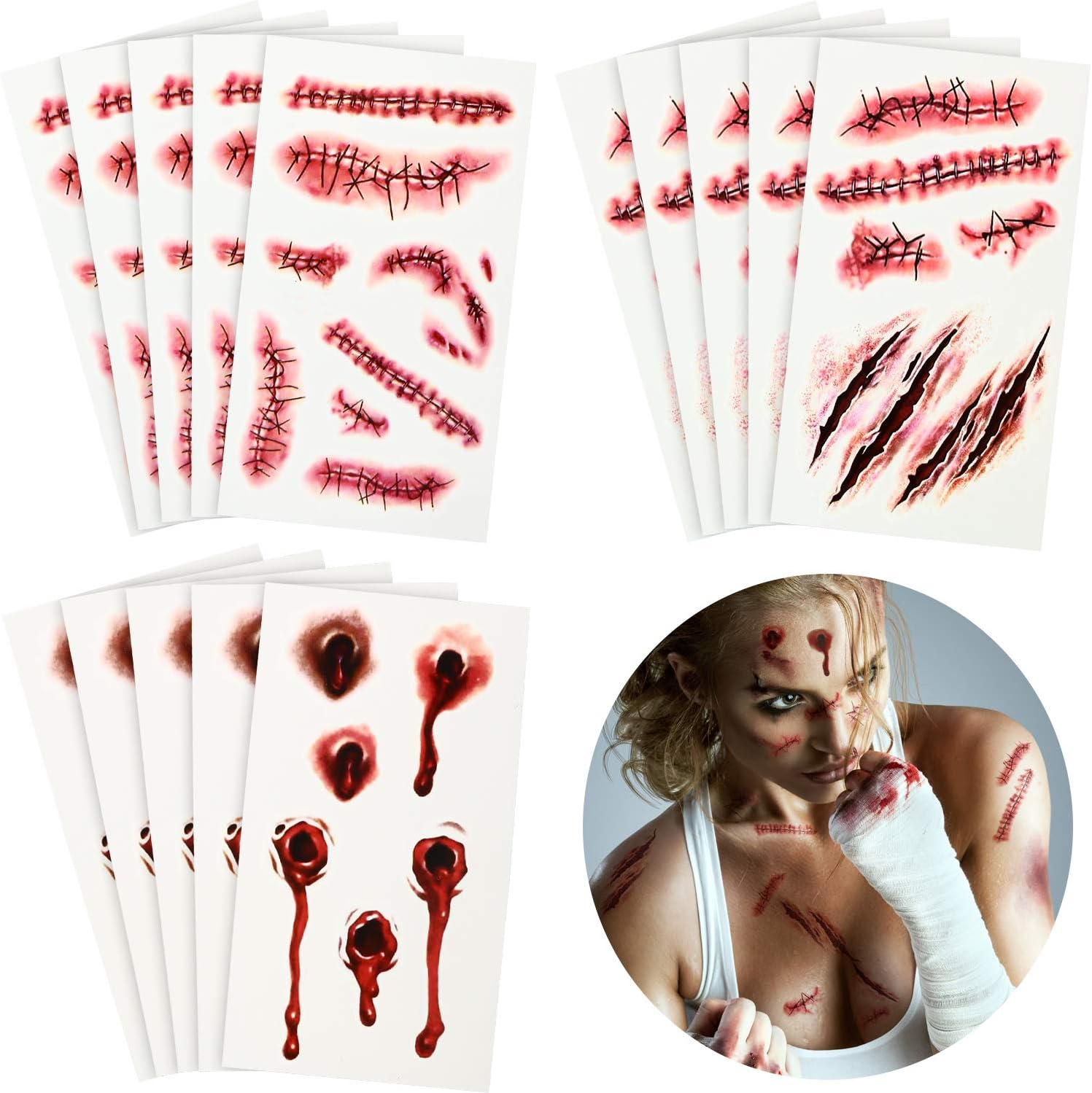 15 Sheets Halloween Temporary Stickers Fake Bloody Stitch Scar Tattoos