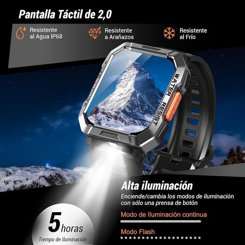 Reloj Inteligente Hombre con Linterna y Brújula,2.01" Militar Smartwatch Hombre Llamadas Bluetooth/Notificación,IP68,Monitor de Sueño,Pulsómetro,SpO2,Podómetro,100+Modos Deportivos para Android iOS