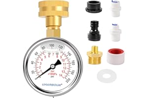 UHARBOUR Water Pressure Gauge Kit Including Adaptors, 2" Glycerin Filled Water Pressure Test Gauge 3/4" GHT with Brass Hose Fitting and Extra 6 Adapters for Multiple Use, 0-200psi/14bar