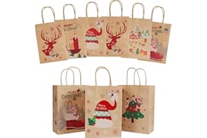 Mjokoj 24 Pack Christmas Gift Bags, 6 Designs Christmas Kraft Paper Bags, 8.26x5.90x3.14 Inches with Handles Xmas Gift Bags, Suitable for Holiday Kraft Paper Gift Bags, Reusable Christmas Gift Bags