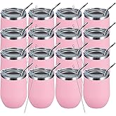 MEWAY 12oz Wine Tumbler 16 Pack Bulk Gifts for Women,Double Wall Vacuum Stainless Steel Travel Mug with Lid,Insulated Stemless Wine Cup Glass for Coffee,Cocktails,Drinks(Pink,Set of 16)