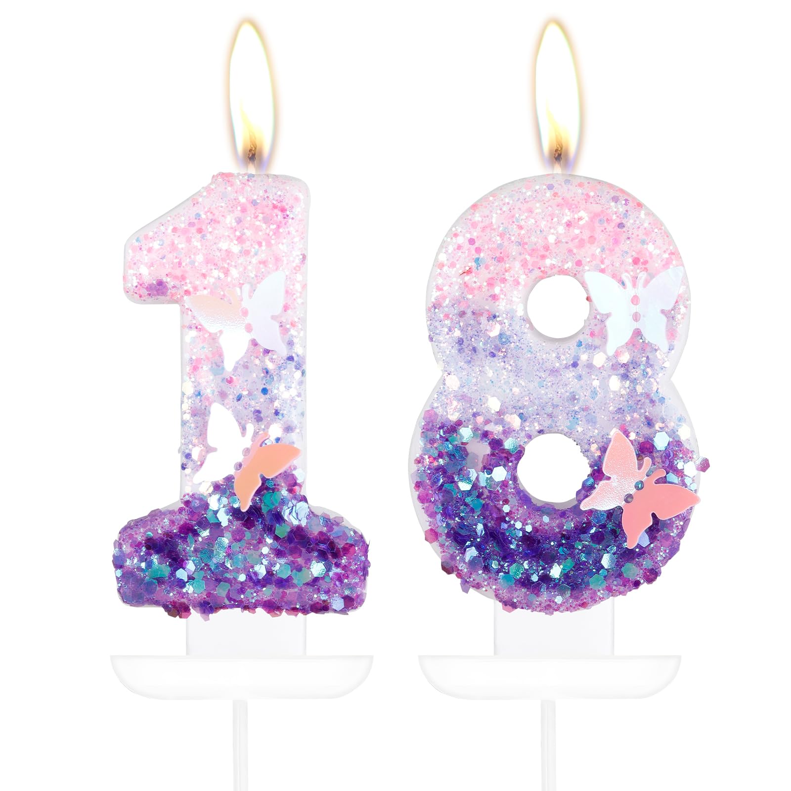 mciskin Butterfly Number 18 Candles for Cake, Purple Pink Butterfly 18th Birthday Cake Topper for Her,Girls 18th Birthday Decorations, Purple Pink 18 Candles for Party,Wedding,Baby Showers Supplies