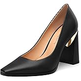 Heisnemca Womens High Heels,Patent Closed Square Toe Slip on Chunky Block Pumps,Elegant Heels,Daily Wedding Party Dress Shoes 3.5IN