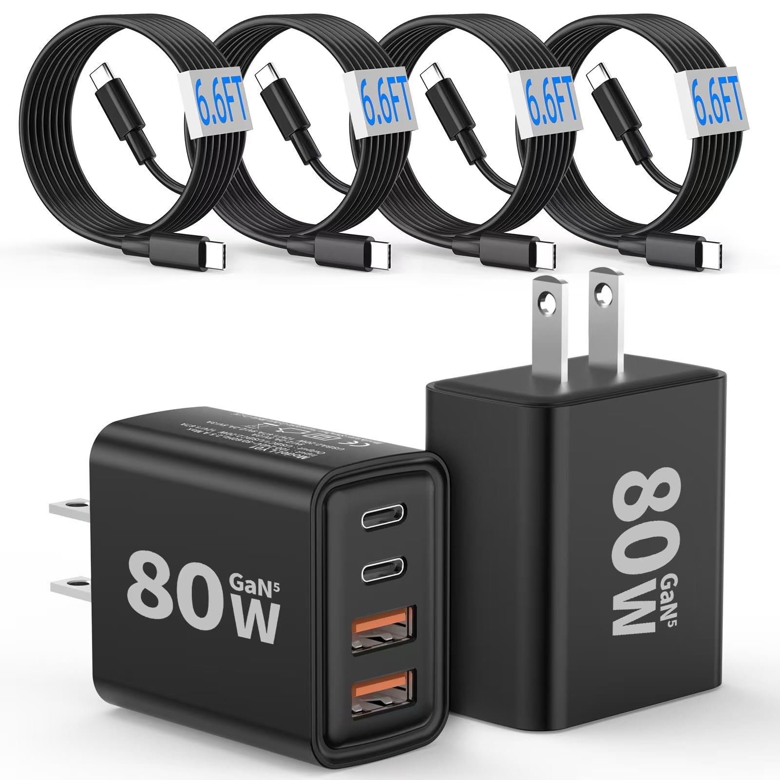 Photo 1 of [2-Pack] USB Wall Charger,80W 4-Port Type C Fast Charging Block,USBC Multiport USB Club PD&QC GaN Charging Cube with 6.6FT USB C Cable for iPhone 17/16/15/14/13/12/11/Pro Max, iPad, Samsung?Black