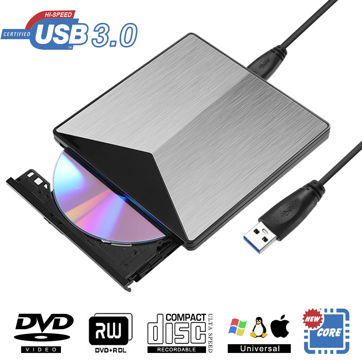 External CD DVD Drive, BESTRUNNER USB 3.0 Slim Portable CD DVD RW Writer Burner Optical Drive for Notebook Laptop Desktop PC White