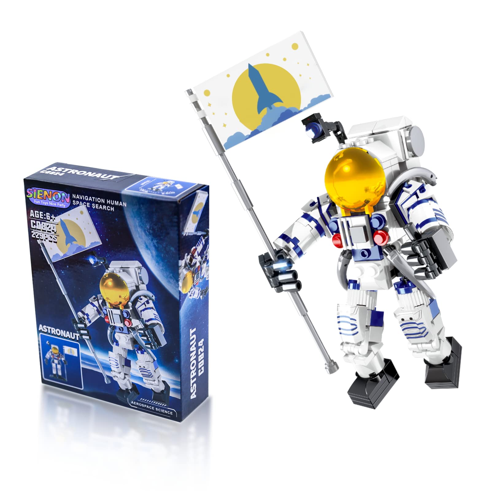 SIENON Astronaut Toy Building Kit for Kids and Adults-229pcs Building Block Astronaut Figure Holding the Flag with Movable Joints, DIY Spaceman Construction Toy City Space Building Set — image 1