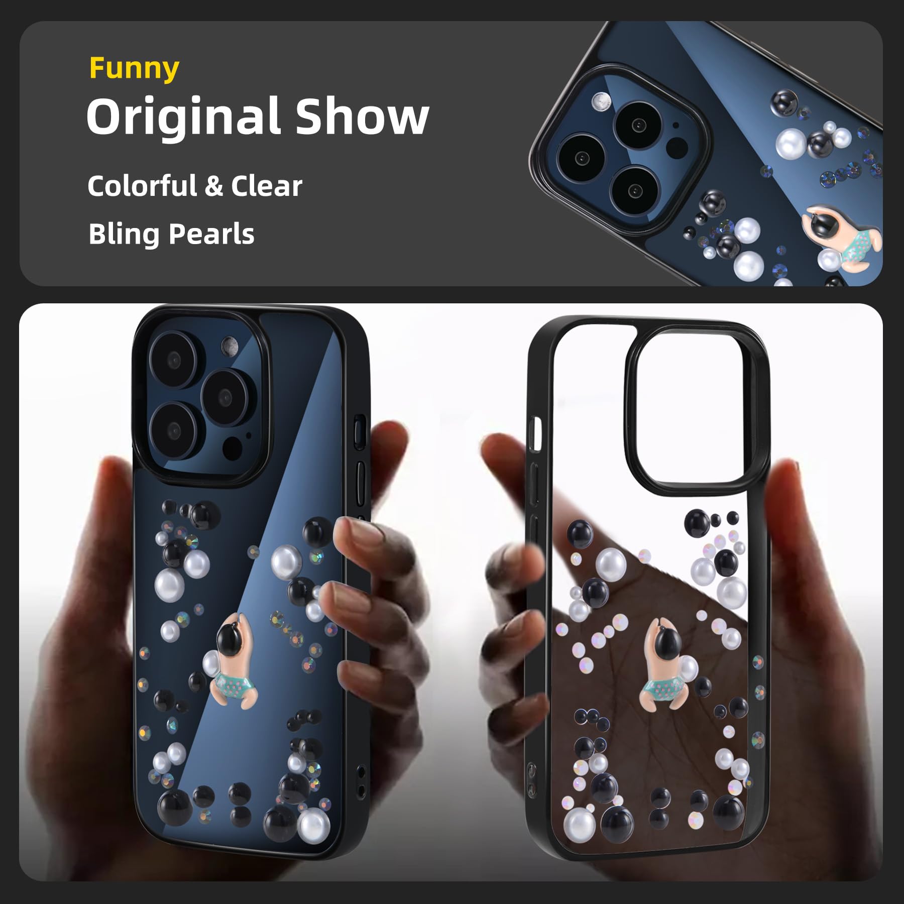 TzoMartico Case for iPhone 15 Pro Case 6.1 inch, Shockproof Hard Case Pearl Cute Case Clear - Black + Colorful Black