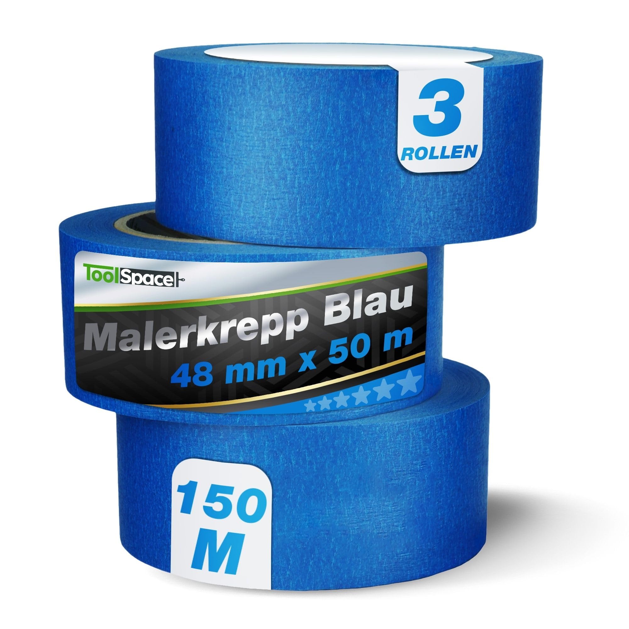 ToolSpace Crepe Tape - Blue Painter's Tape Set - Professional Painter's Tape for Renovation Work - Masking Tape for Painting - Solvent Free 48mm / 50m Roll Set of 3 150m