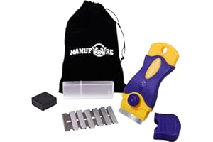 MANUFORE Portable Multi-Purpose Razor Blade Scraper for Cleaning Glass, Stove-top, Window, Floor(1 Scraper and 16 Carbon Steel Blades)