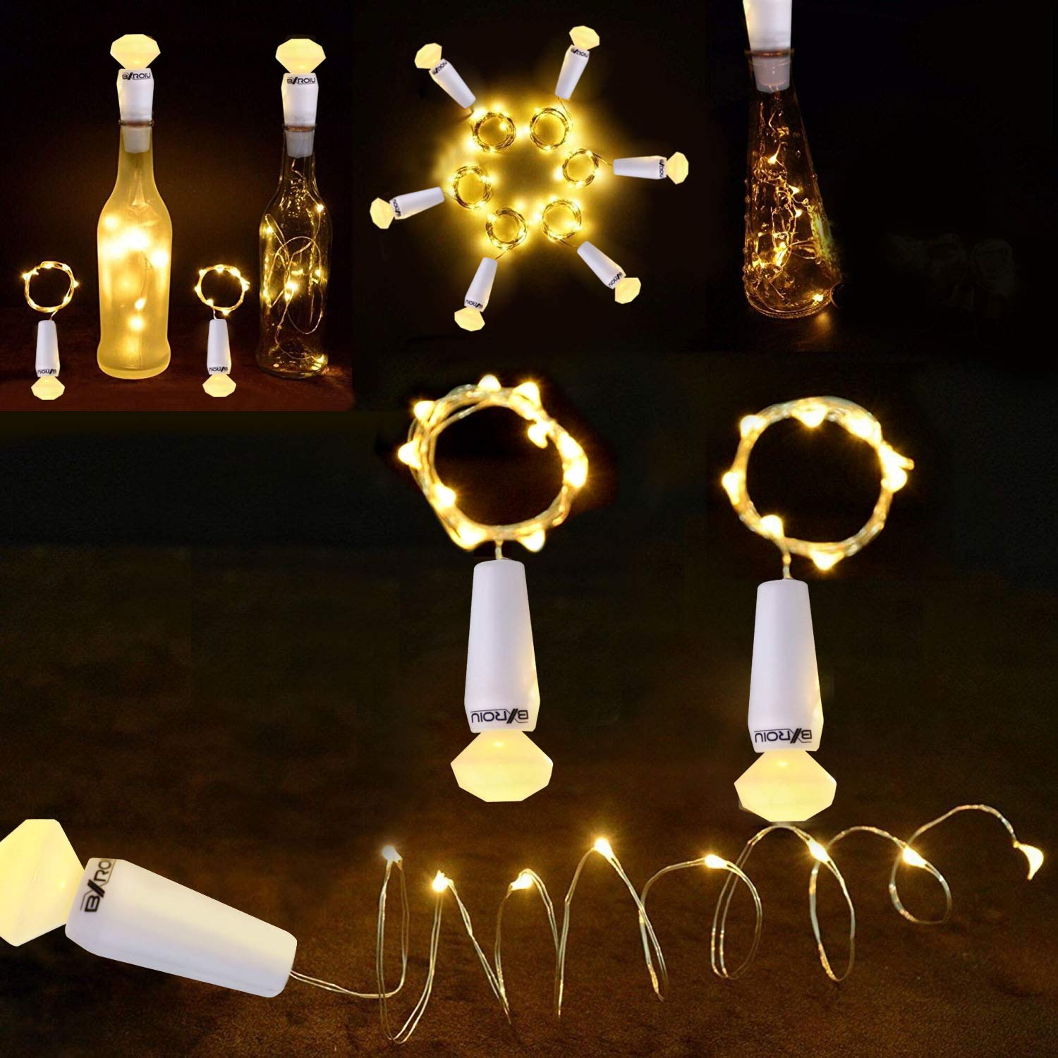Wine Bottles String Light Cork Micro Silver Wire 2m/7.2ft Warm White 3 x LR44 Battery Fairy String Lights (6PACK)