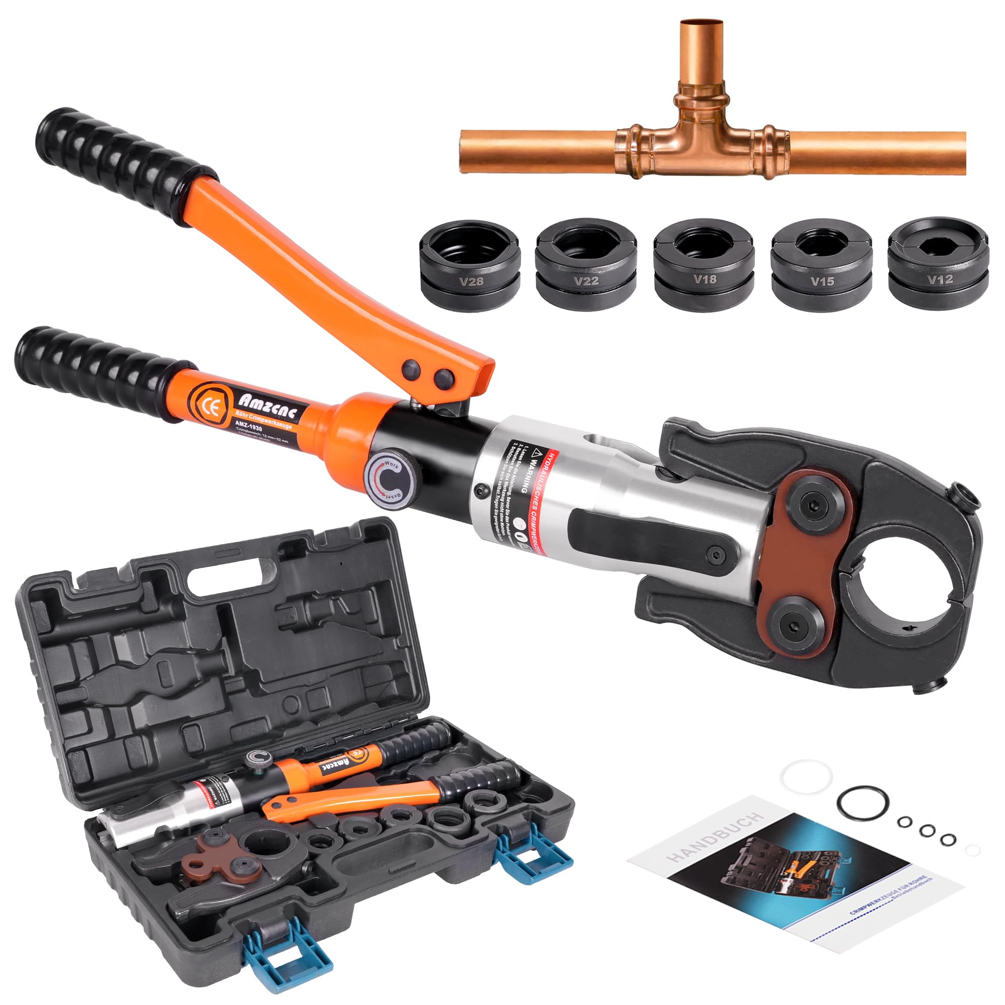 AMZCNC Professional Crimping Pliers, Hydraulic Pressing Tool with Press Jaws, V-Contour 12-15-18-22-28 Set Pressing Tool, for Copper Pipe, C-Steel Tube and Stainless Steel Pipes.