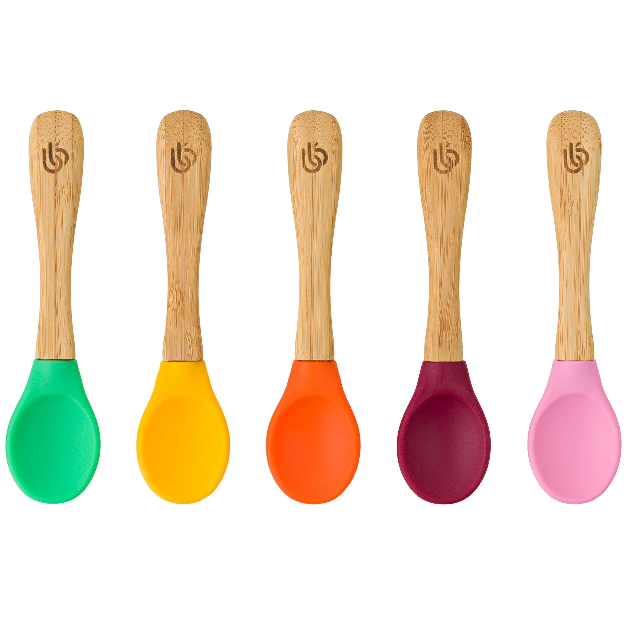 bamboo bamboo ® Baby Weaning Spoons Set of 5 | Bamboo with Soft Silicone Tips | Ergonomic Easy Grip Handles | BPA-Free (Set of 5)