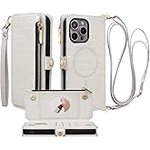 Stylivolve Crossbody Wallet Case for iPhone 15 Pro Max with Mirror, Wrist Strap, Zipper Purse Magnetic Flip RFID Blocking Card Holder, Wireless Charging, PU Leather Shockproof 6.7" Women (White)