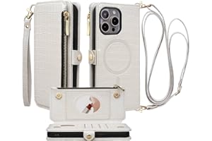 Stylivolve Crossbody Wallet Case for iPhone 14 Pro Max with Mirror, Wrist Strap, Zipper Purse Magnetic Flip RFID Blocking Card Holder, Wireless Charging, PU Leather Shockproof 6.7" Women (White)