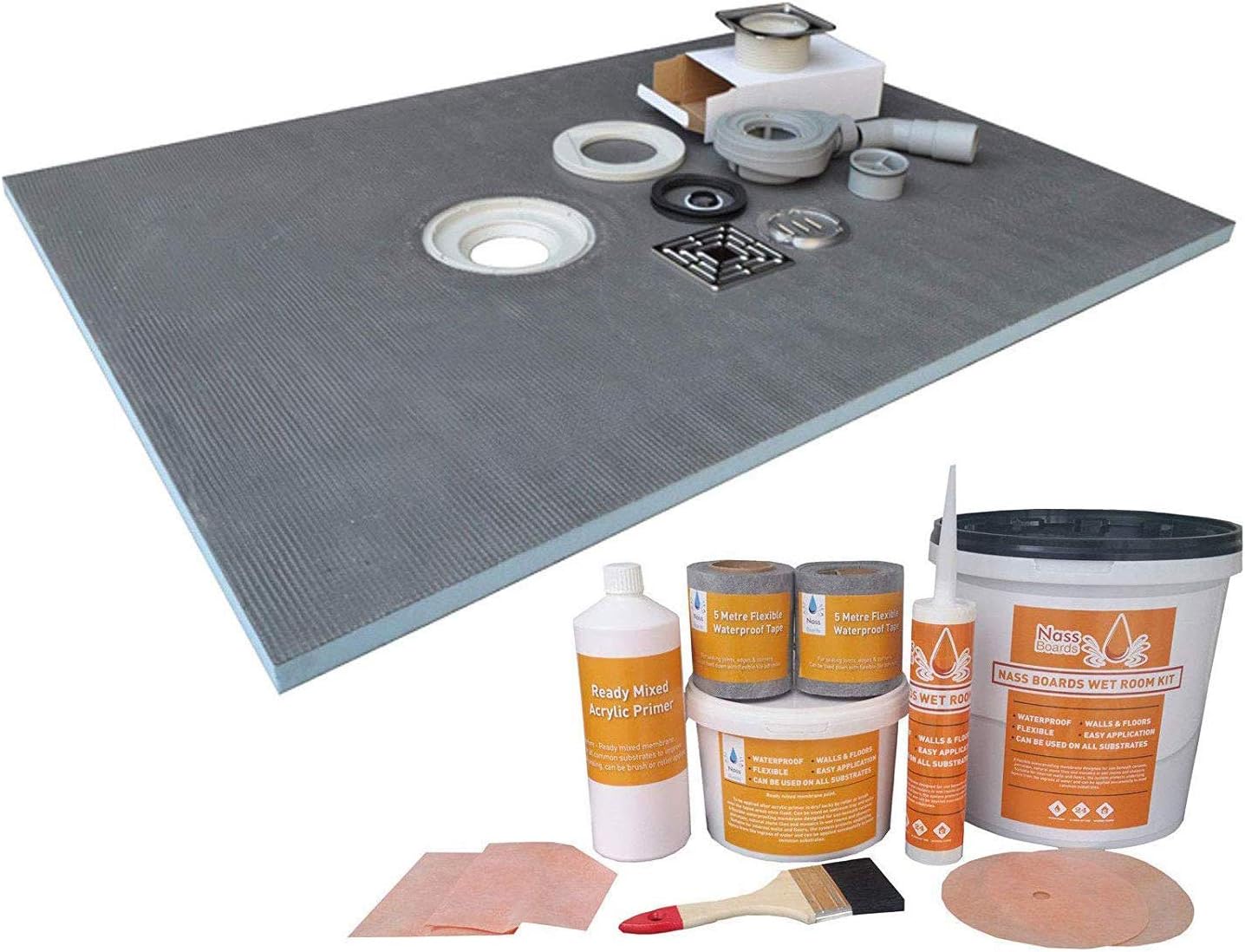 Nassboards Premium PRO Wetroom Shower Tray & Kit - Waterproof and Watertight Design with Drain and Installation Guide Including Sealing Tape, Grate, Base XPS Quality Standard with DVD Instructions