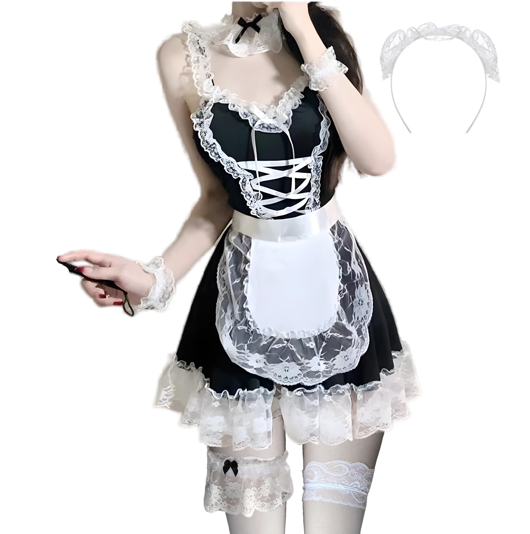JasmyGirls Maid Outfit Naughty Cosplay lingerie Sissy Dress Halloween Costumes for Women Femboy Anime Role Play Apron with Socks