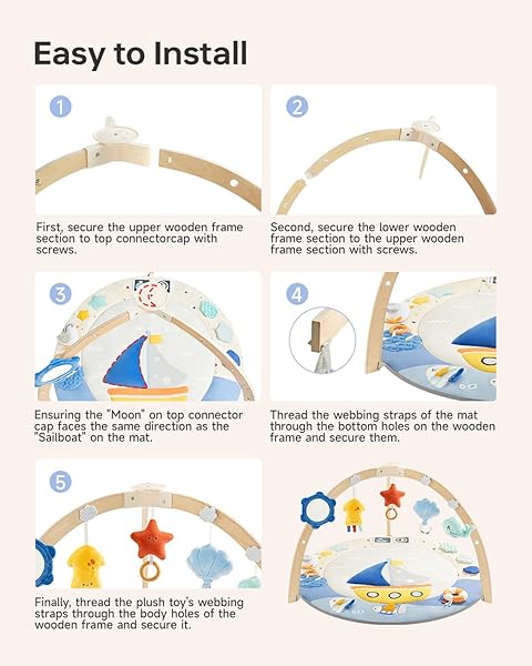 BG-BABYGO BABY PLAY GYM ACTIVITY MAT, 5 DEVELOPMENTAL ZONES WOODEN TUMMY TIME MAT WITH 7 DETACHABLE SENSORY TOYS FOR MOTOR SKILLS & SENSORY DEVELOPMENT, BABY ESSENTIALS SHOWER GIFT, EASY TO INSTALL