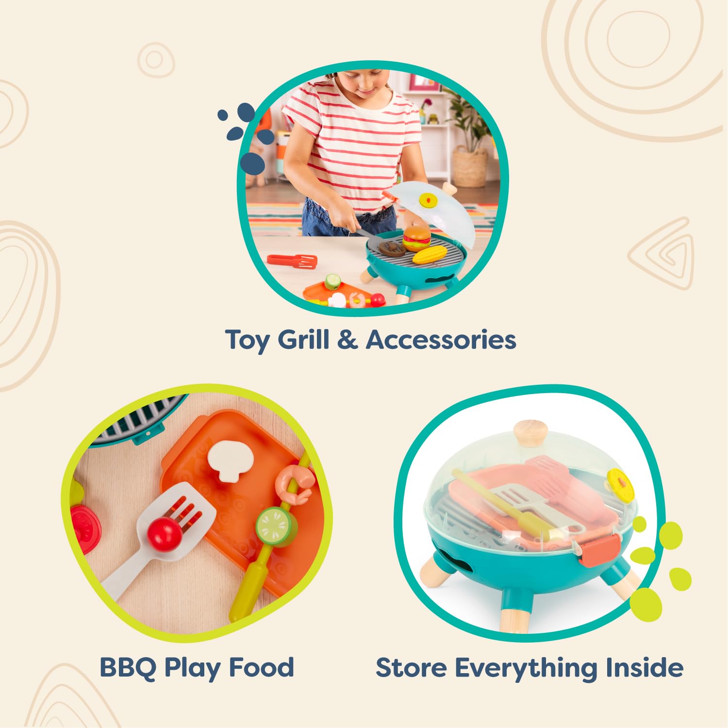 B. toys – Mini Chef – BBQ Grill Playset – Pretend Play BBQ Grill Play Set – Toy Grill & Play Food – Barbecue Role – Play Set for Kids – 3+ Years(16 Pieces)