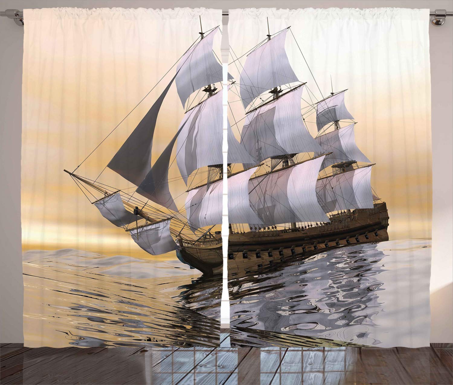 ABAKUHAUS Maritime Curtains, Ship Sailing on the Ocean with Full Sail Digital Computer Graphic Composition, Living Room Bedroom Window Drapes 2 Panel Set, 280 x 175 cm, Pale Taupe