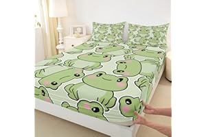 Cartoon Frog Bed Sheet Set Home Decor Cute Animals Sheet Sets Deep Pocket,Frog Green Mattress Cover No Top Sheet,Twin Size wi