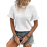 Samefar Womens Crewneck Texture Ruffle Shorts Sleeve Shirts Casual Loose Flowy Tee Tops Blouses Fashion Outfits Trendy