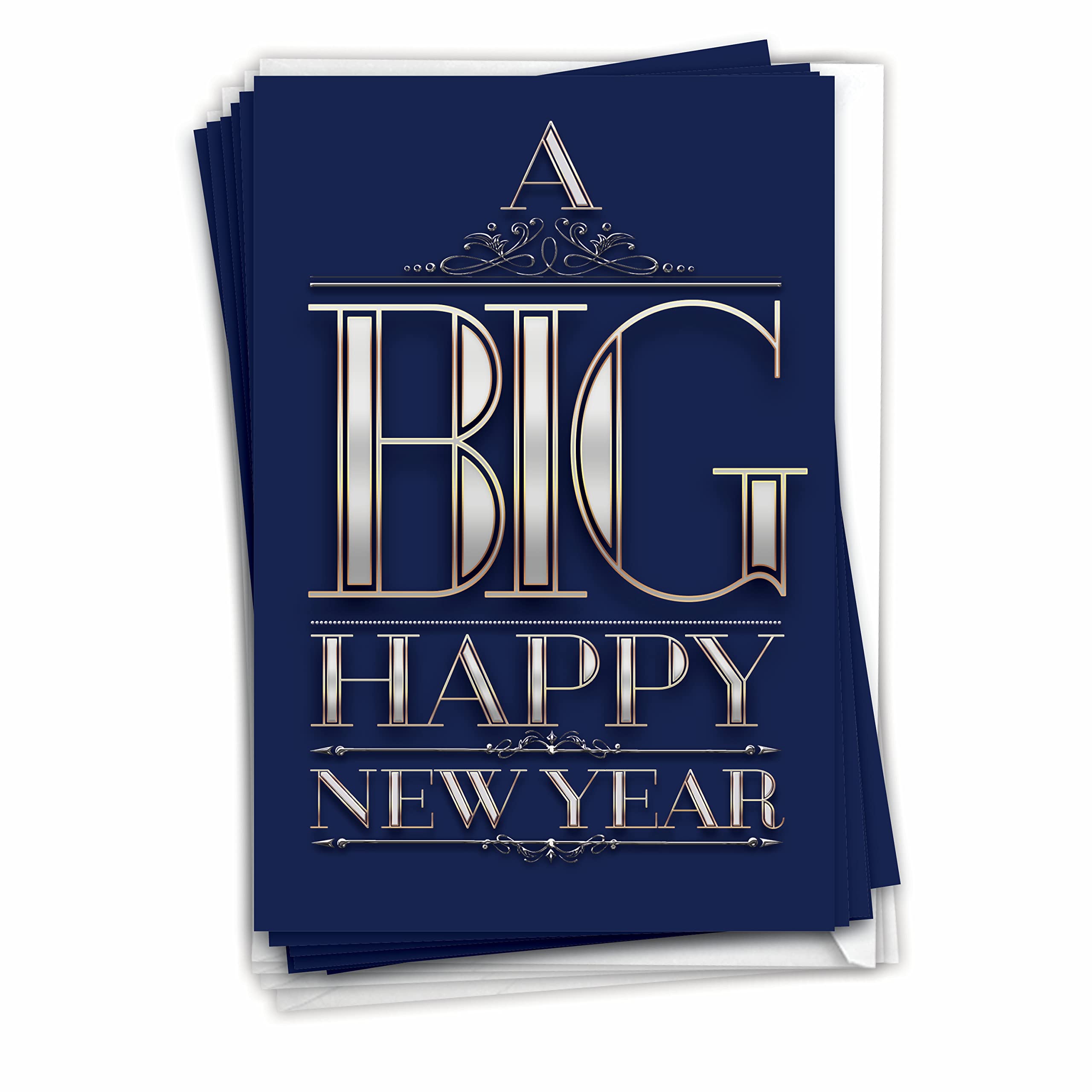 NobleWorks - 12 Pack of New Year Cards with Envelopes (4.63 x 6.75 Inch) - Humor, Happy New Year's Stationery Notecard Set - Big Happy New Year C4290NYG-B12