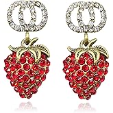 T-ztoss 925 Sterling Silve Red Strawberry Studs Earring Cutee Cubic Zirconia Fruit Strawberry Drop Dangle Earring for Women Girls Jewelry Gifts