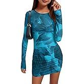 MITILLY Girls Ruched Bodycon Mini Dress Teens Long Sleeve Cocktail Party Dance Formal Floral Mesh Tight Short Dresses
