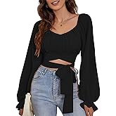 Rooscier Women's Ruched Wrap Square Neck Flounce Long Sleeve Self Tie Crop Top Blouse