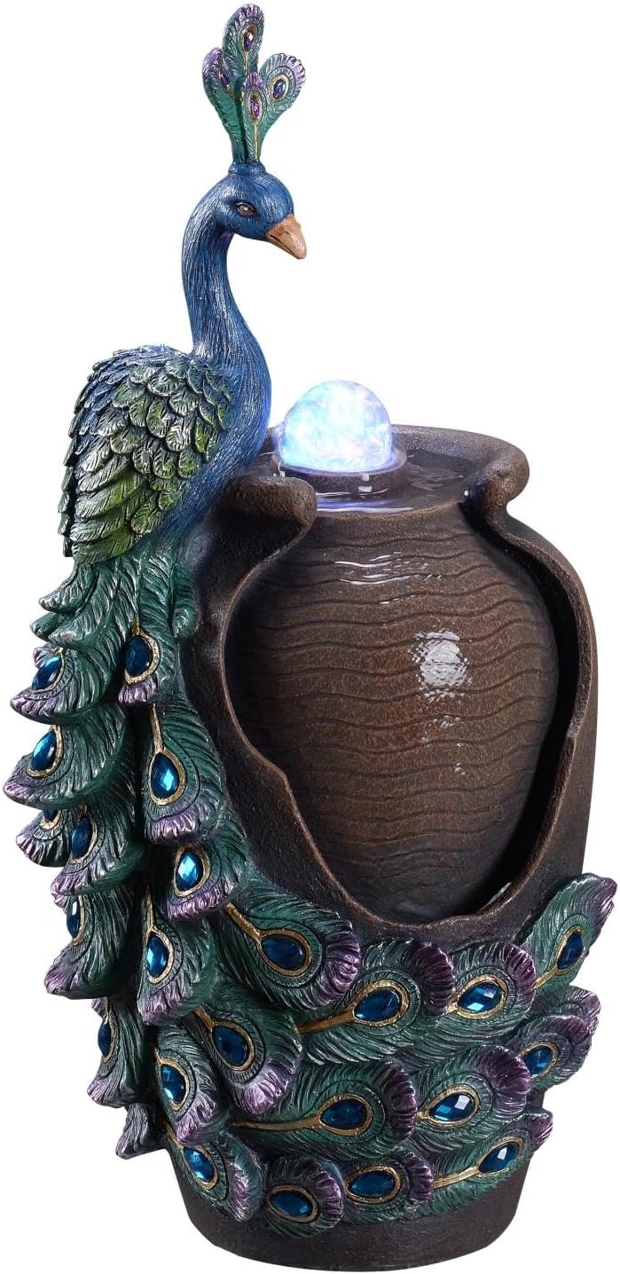 Indoor Fountains & Accessories - MSEONWXI Tabletop Fountain Retro Jar Peacock with Glass Rotating Ball Desk Fountain with Reflective Colorful Lighting Home Decor(23047)