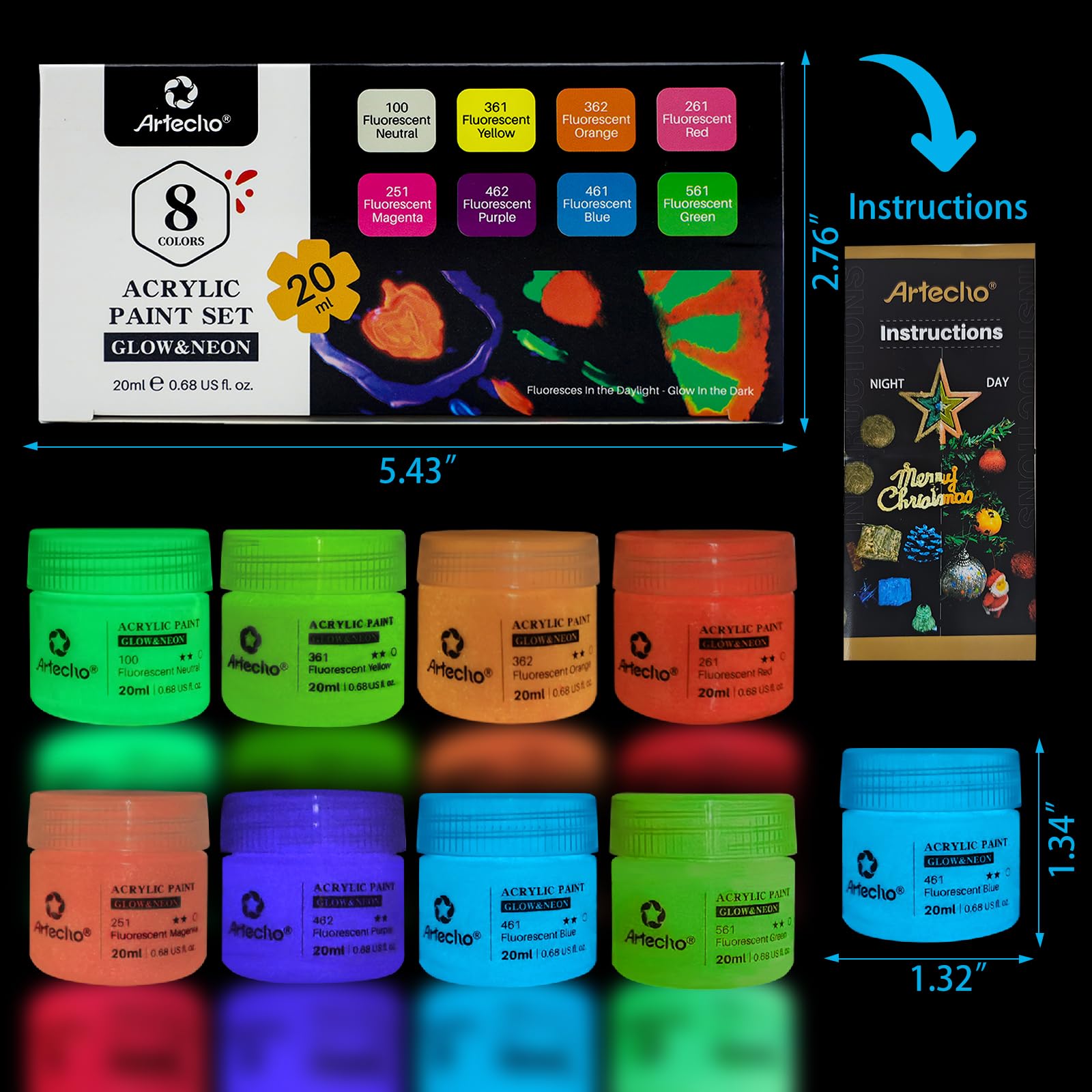 Artecho Glow in the Dark Paint 8 Colors, 20 ml / 0.7 oz Acrylic Paint for Decoration, Art Painting, Outdoor and Indoor Art Craft, Supplies for Canvas, Rock, Wood, Waterproof Rich Pigments