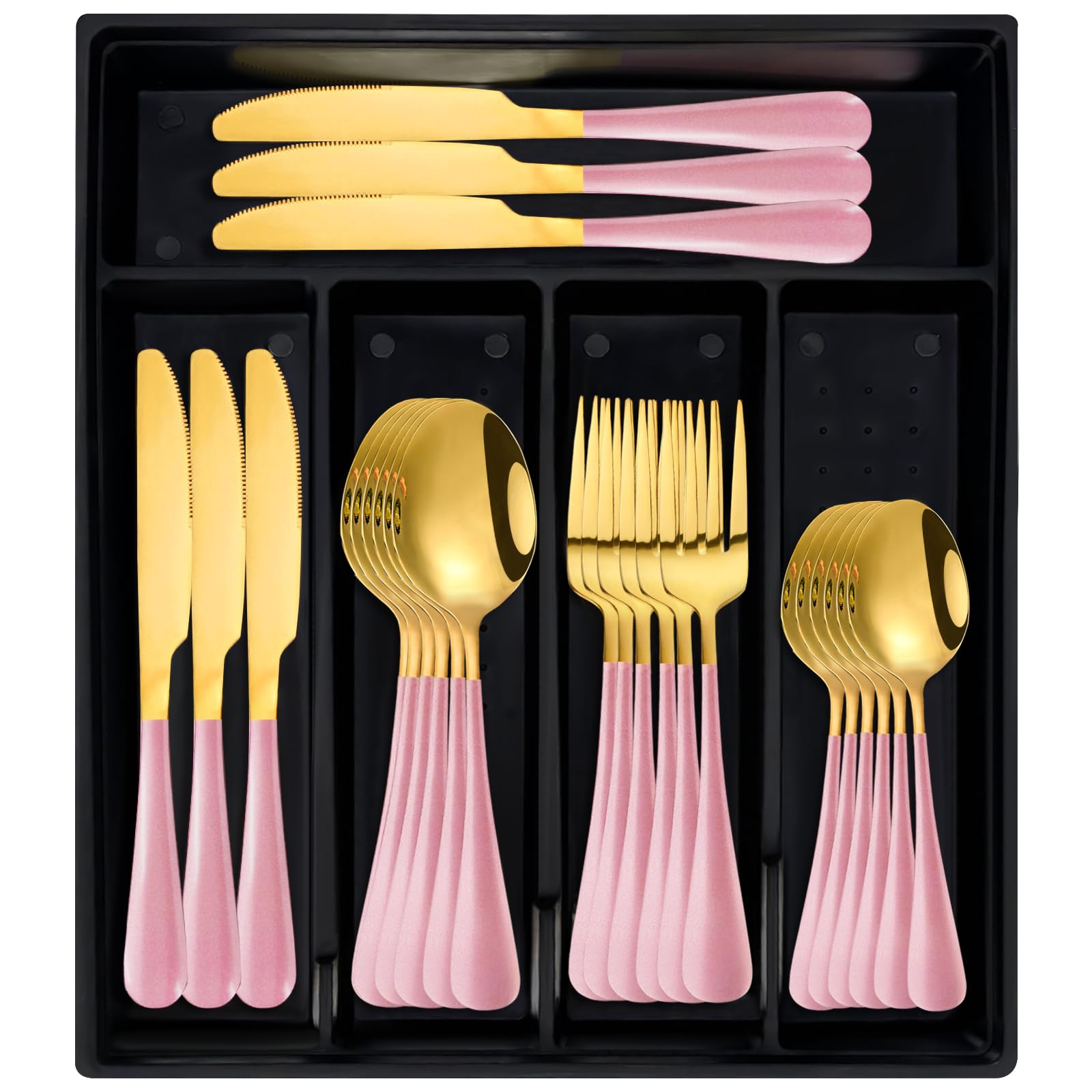 Photo 1 of 24-Piece Flatware Set with Organizer,Heavy Duty Stainless Steel Silverware for 6,Pink Cutlery Utensil Sets with Antiskid Handle?Rust-proof Stainless Steel Cutlery, Mirror Polished (Pink)