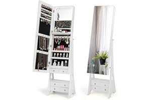 CHARMAID Jewelry Cabinet with LED Light Strip, Floor Jewelry Armoire with 62.5'' High Full Length Mirror, Vanity Mirror, Foldable Makeup Shelf, Jewelry Organizer Storage with 6 Drawers (White)