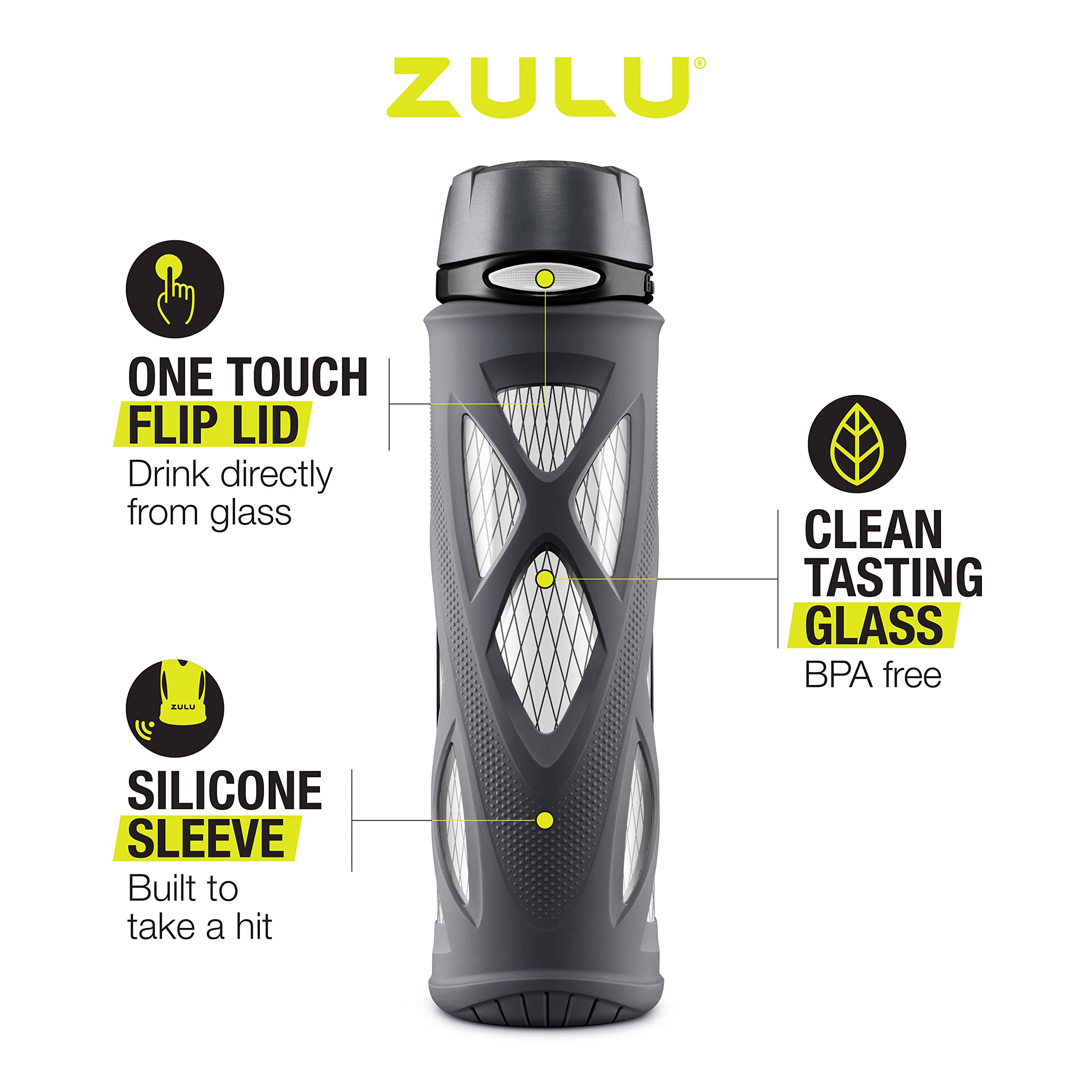 ZULU Atlas Glass Water Bottle with Silicone Sleeve, 20 oz, Grey/Green