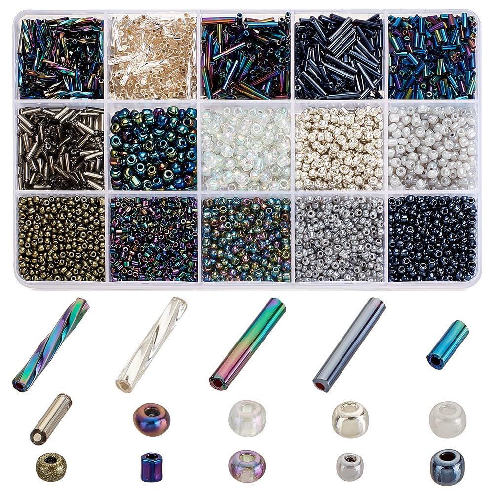 PH PandaHall 5177pcs Black Seed Beads 15 Styles Glass Bugle Beads Mini Bead Waist Bead for Friendship Bracelet Jewellery Making Beading Weaving Necklace 2/3/4mm