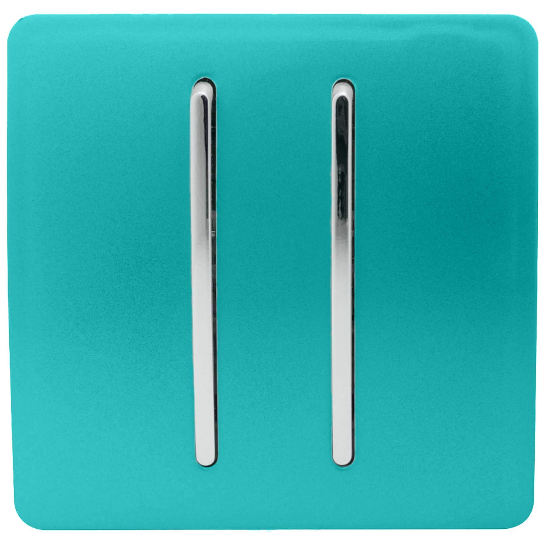 Trendi 2 Gang 2 Way 240V Screwless Raised Front Plate Plastic Artistic Modern Glossy 10 Amp Chrome Rocker Single Electrical Wall Light Switch Bright Teal - ART-SS4BT — image 1