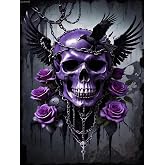 pcxord Diamond Painting Kits for Adults Skull Diamond Art DIY 5D Purple Flower and Skull Round Full Drill Crystal Rhinestone Arts and Crafts Home Wall Decor Skeleton Art Handicrafts 12x16inch