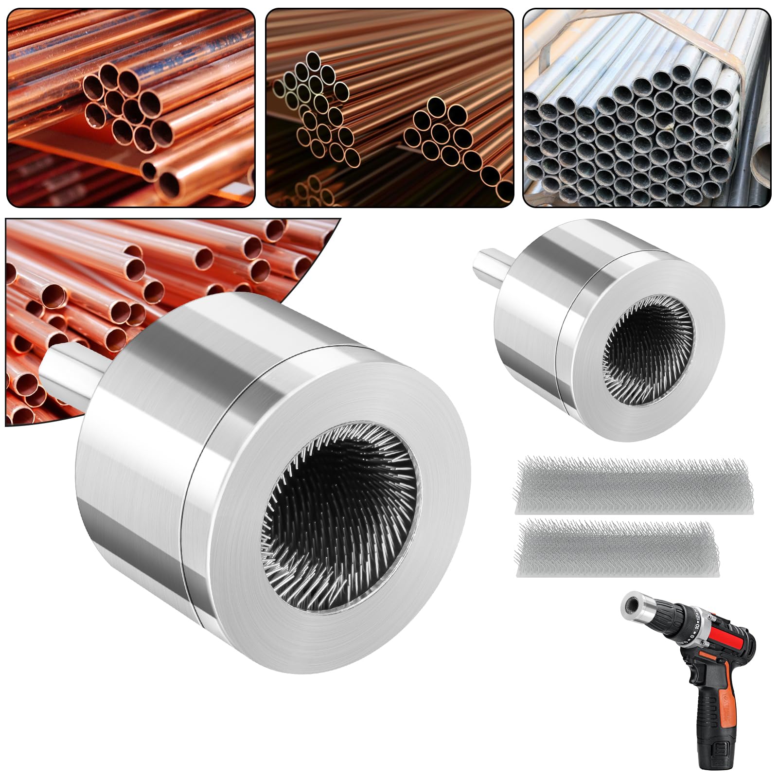 Flintronic Copper Pipe Cleaner, 15mm+22mm Drill Tube Cleaning Brush with Replaceable Fine Steel Bristle, Alloy Steel Pipe Cleaners, 4 Count