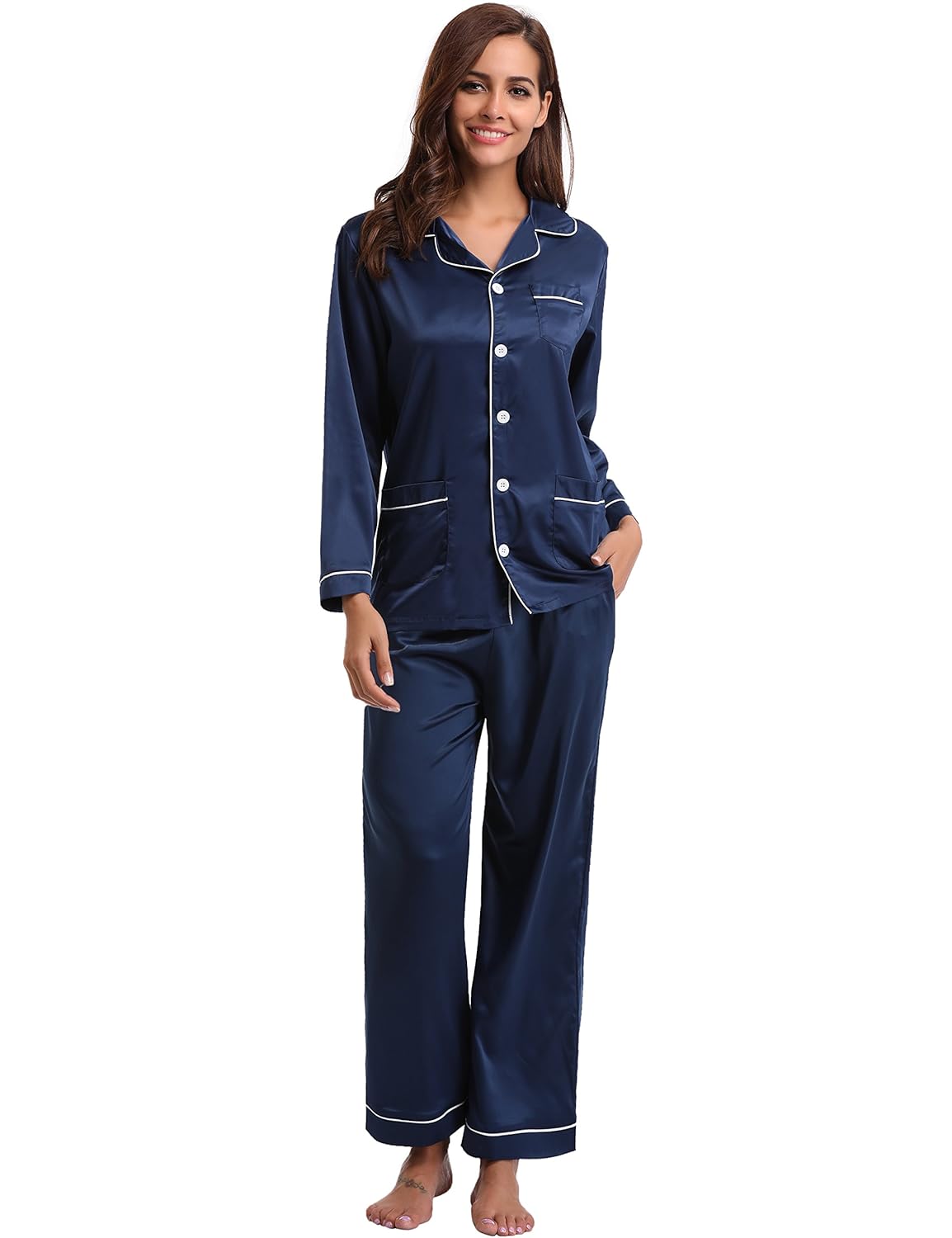 Aibrou Women's Pajamas, Satin Nightwear Set, Long Sleeved and Long