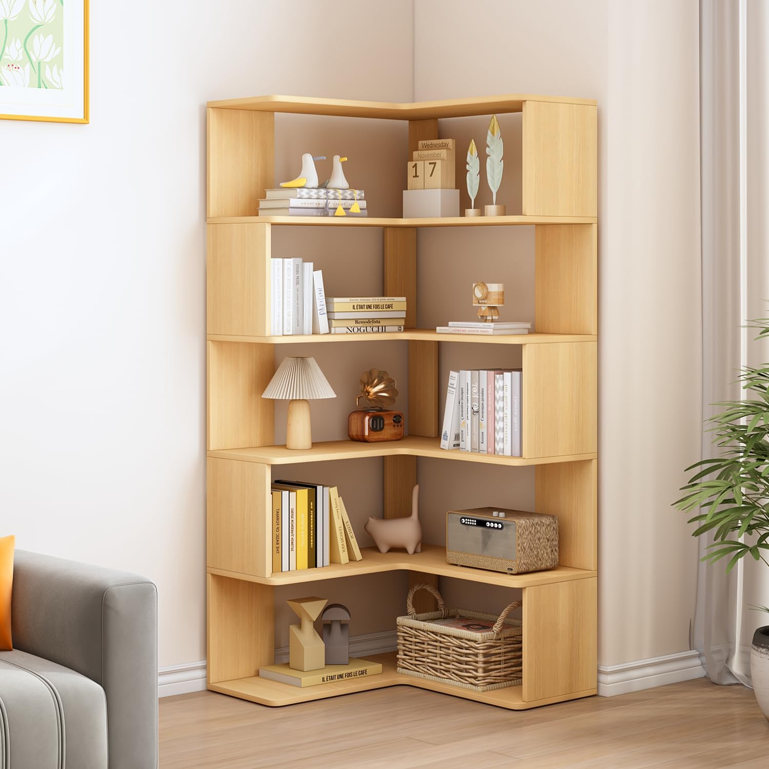 Photo 1 of *FACTORY SEAL****IOTXY 6-Tier L-Shaped Corner Bookshelf - 66" Tall Wooden Freestanding Bookcase with Open Shelf Units, Oak
