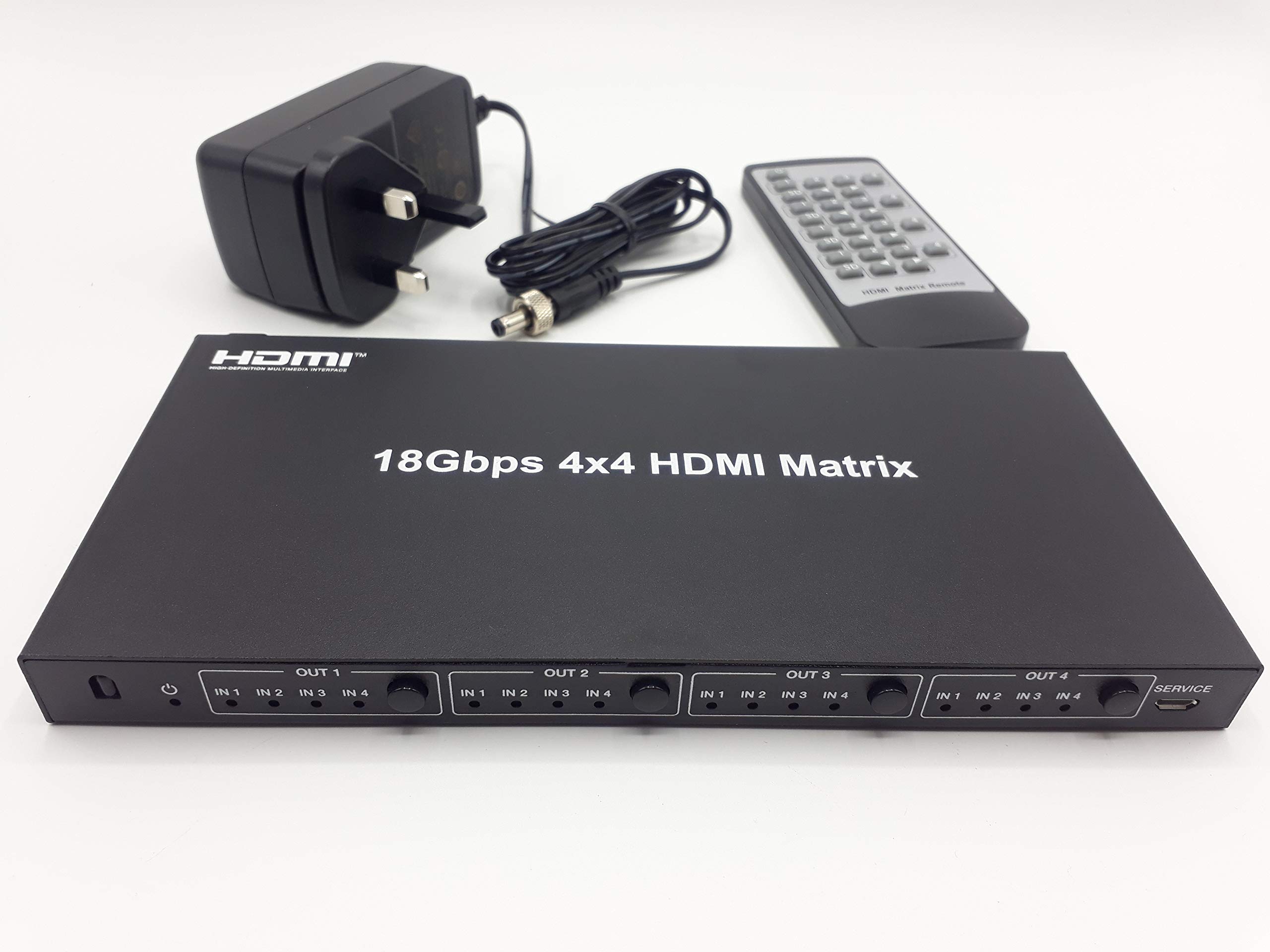 FOURKAY 4x4 4K UHD HDMI Matrix Switch Splitter supporting up to 4K2K@60Hz. Downscaling option on each output to support mix of 4K and HD displays.