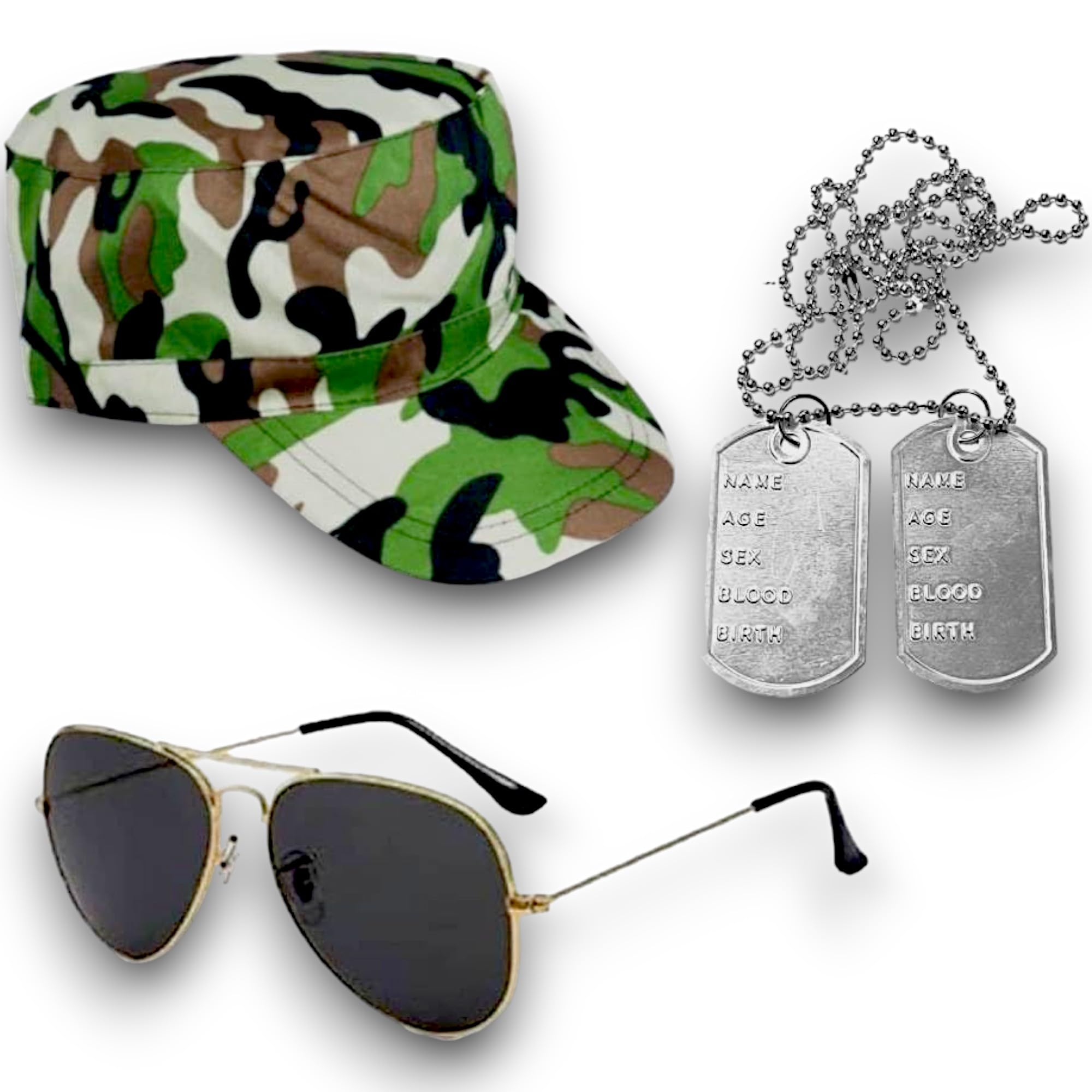 FNA FASHIONS Army glasses Camouflage Hat Dog Tag Soldier Force Style Set Fancy Dress Costume (1)